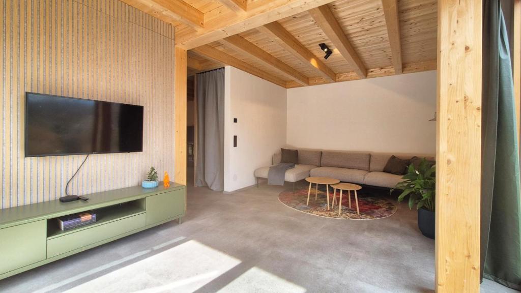 a living room with a television and a couch at Haus am FELS, Alpenaster in Hermagor