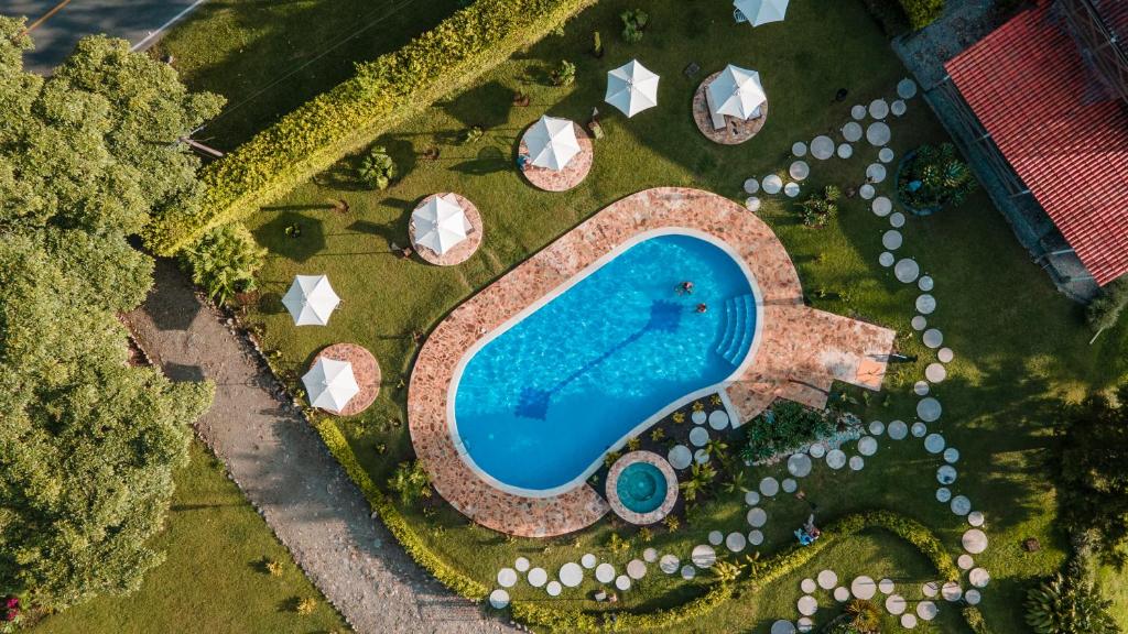 an overhead view of a swimming pool in a garden at Linaje Salvaje Hotel in Calarcá