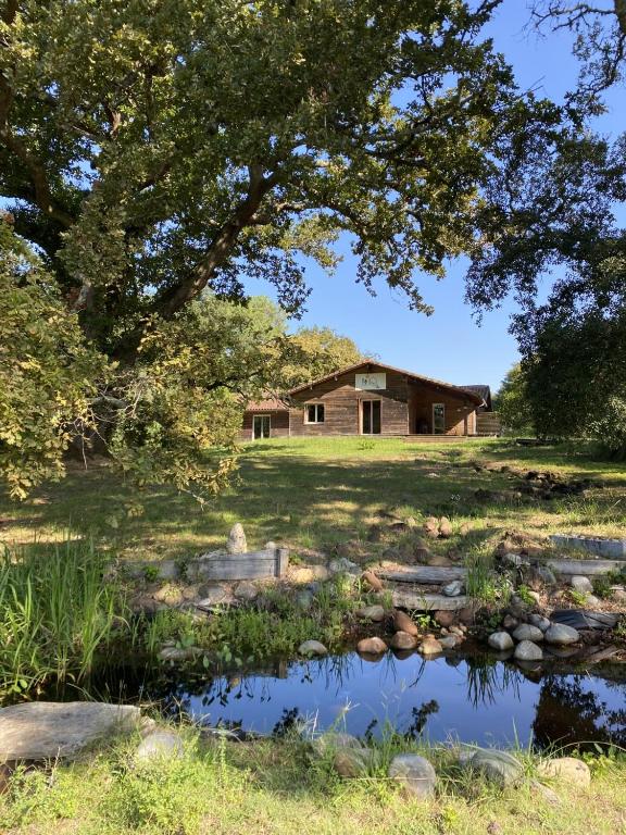 an old house with a pond in front of it at Le Tuc Lodge in Messanges