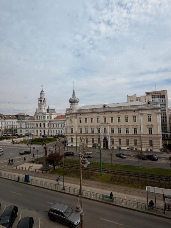 a large building with cars parked in front of it at Blue Velvet Central Suite in Arad