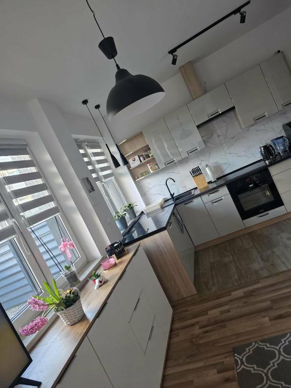 a kitchen with white cabinets and a black light fixture at Apartament M&G in Jarosław