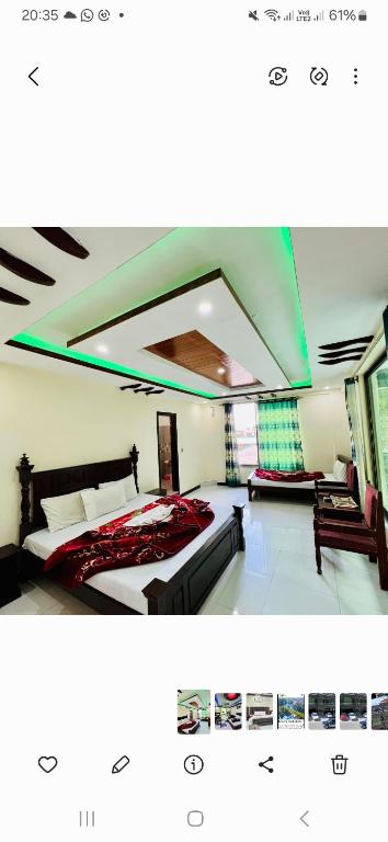 a bedroom with a large bed and a green ceiling at Nathia Gali Relax Inn Hotel in Naka