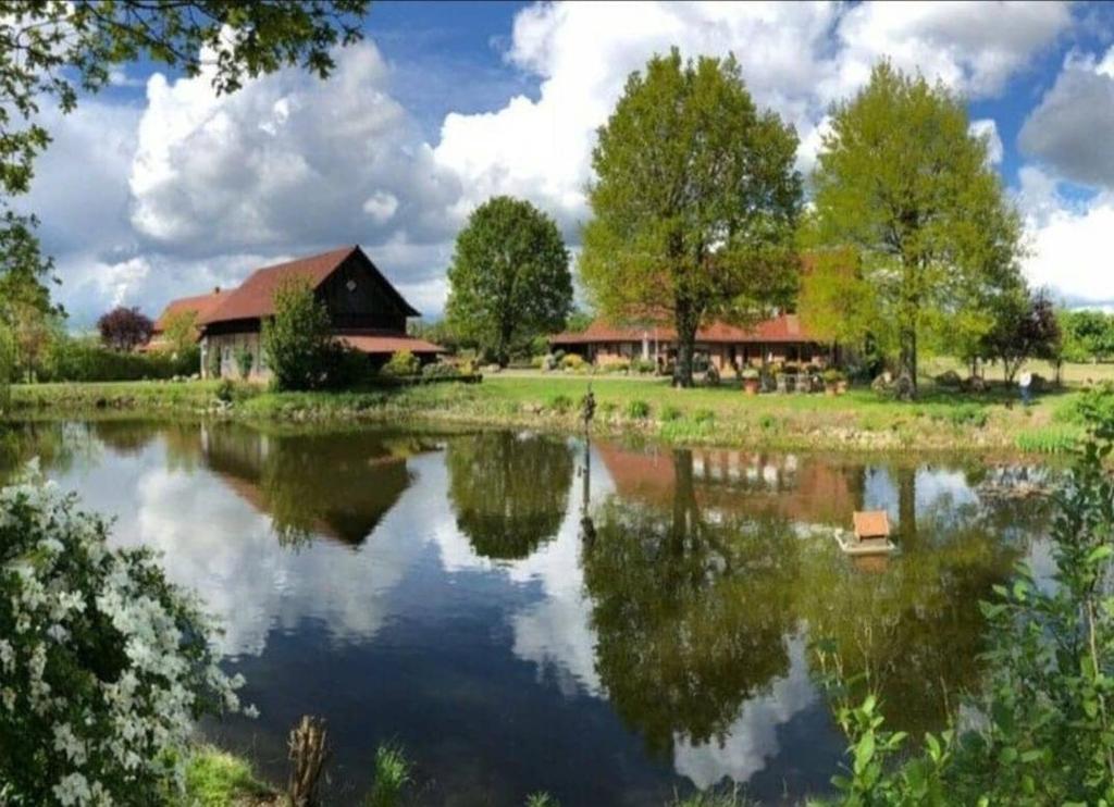 a reflection of a barn in a lake at Haus mit Seeblick in Fürstenau