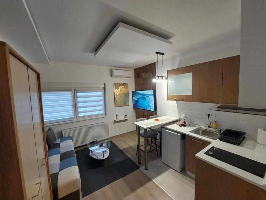 a small kitchen with a sink and a table at Oaza Apartmani Jakovo HERA in Jakovo