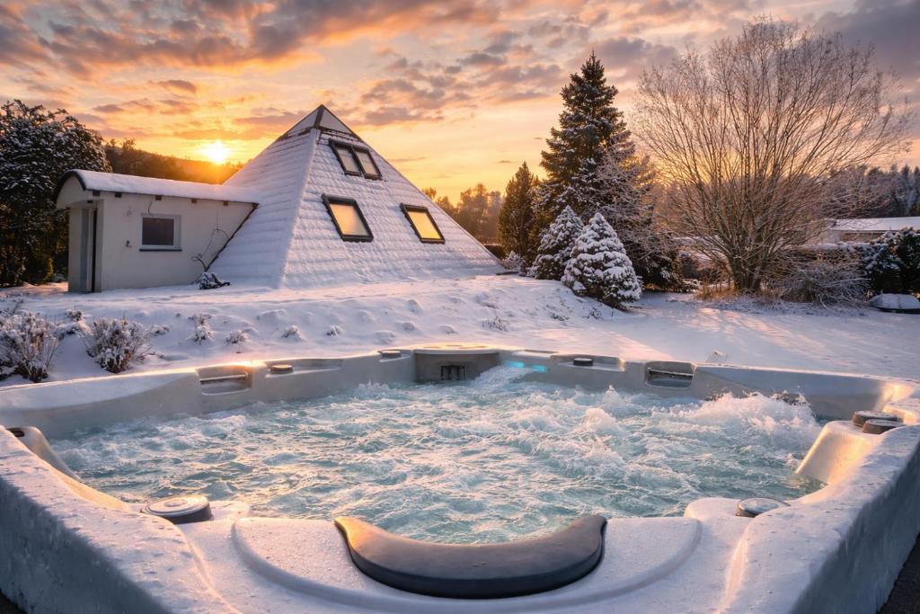 a hot tub in the snow in front of a house at Pyramida pod Lysou s vířivkou in Frýdlant nad Ostravicí