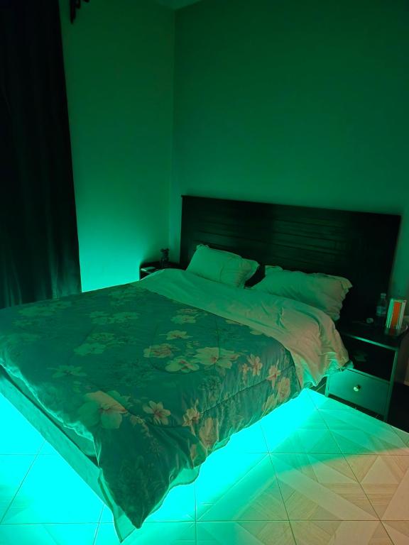 a bedroom with a bed with a green wall at Dorah's Apartment in Entebbe