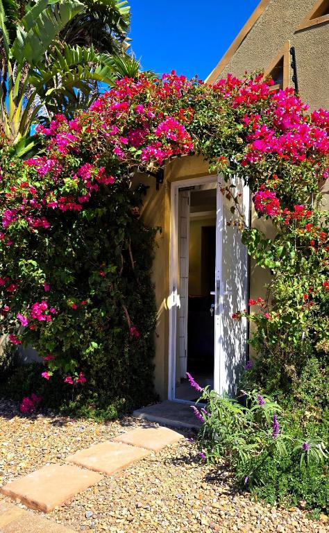 a building with pink flowers on the side of it at SAGE Cottage Bloubergstrand in Cape Town