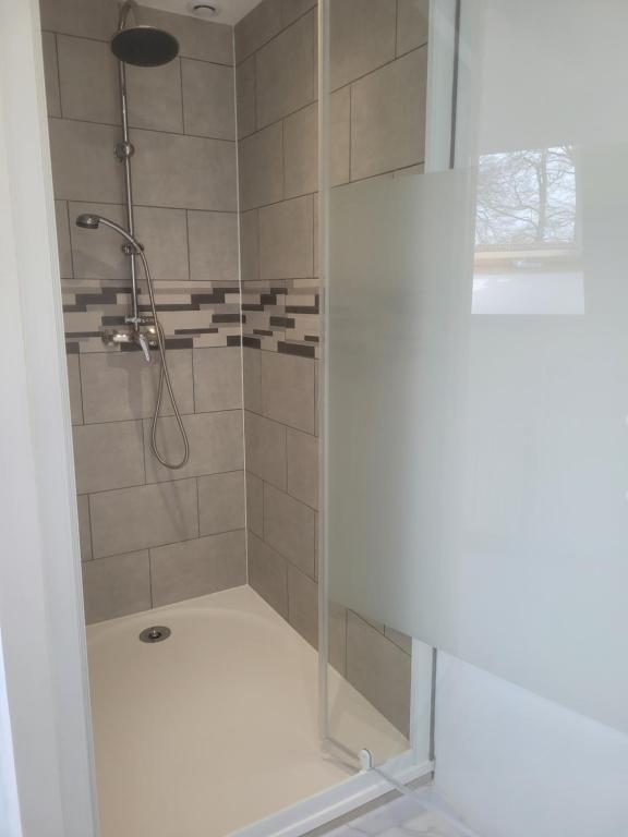 a shower with a glass door in a bathroom at Lacavee in Le Tréport