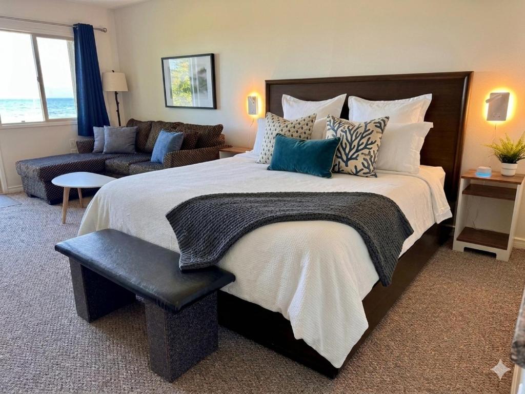a bedroom with a large bed and a couch at Beachfront King Bed Studio Suite in Qualicum Beach