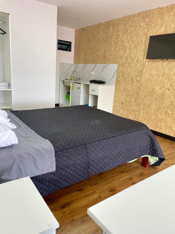 a bedroom with a large bed and a desk at Mini Suites Cuarto Piso Alkimya in Loja