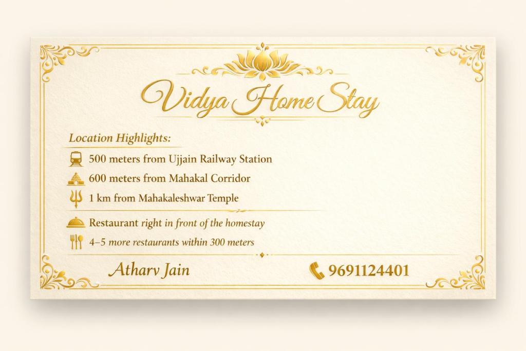 a ticket for a virgin home stay with a gold at Vidya home stay- 500 mt from Mahakal lok and railway station in Ujjain