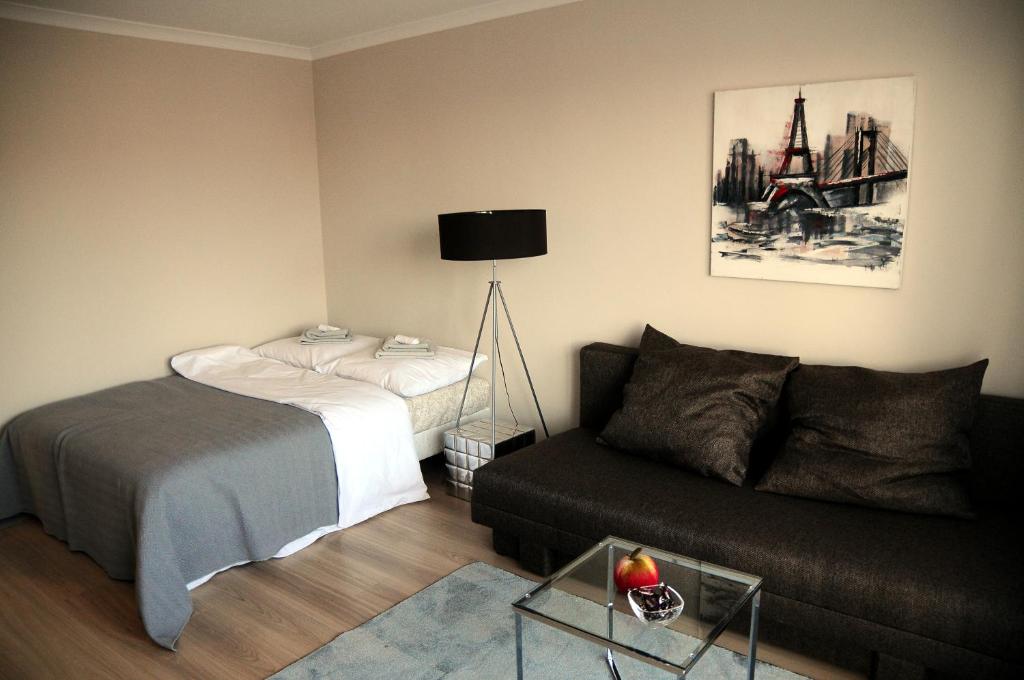 ein Wohnzimmer mit einem Bett und einem Sofa in der Unterkunft Apartament Kiza in Kielce