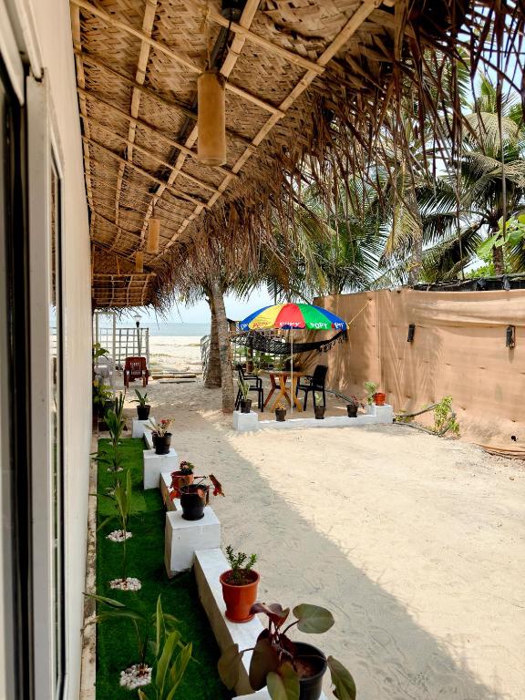 a patio with plants and an umbrella on the beach at Havana Beach Villa in Alleppey