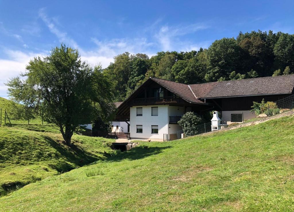 a white building on a hill with a tree at Die Bartlmühle in Windorf