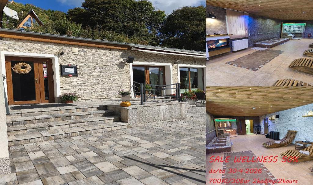 two pictures of a house with a patio and stairs at Wellness Pension U Krbu in Mikulov v Krušných Horách