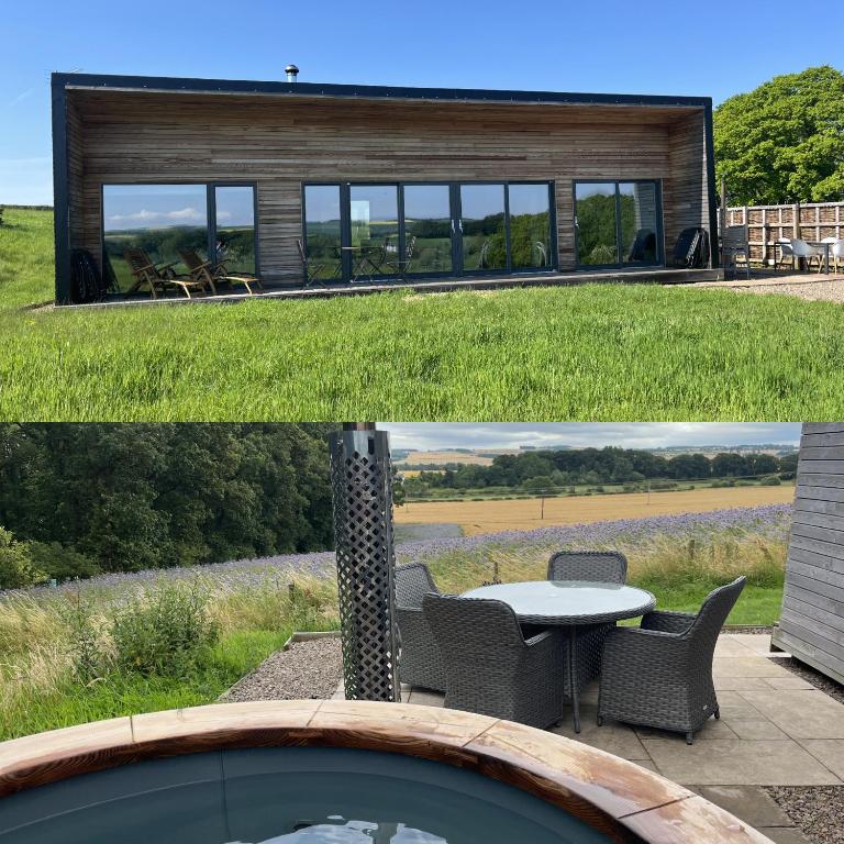two pictures of a house with a table and chairs at Tweed Hideaway in Kelso