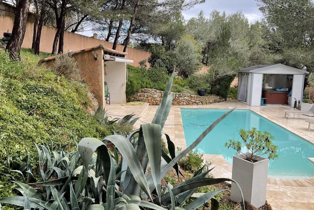 a swimming pool in a garden with plants at Villa Laterra in Ensuès-la-Redonne