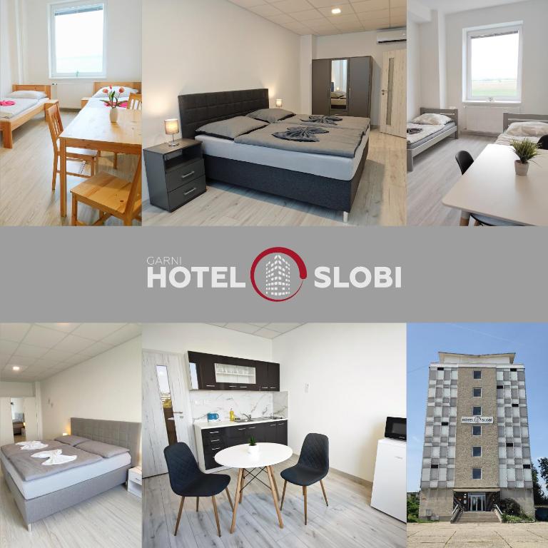 a collage of photos of a hotel room at Hotel Slobi in Štúrovo
