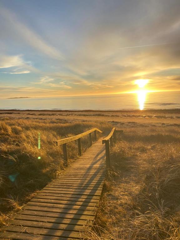 a wooden boardwalk leading to the beach at sunset at Nära strand och hav in Halmstad