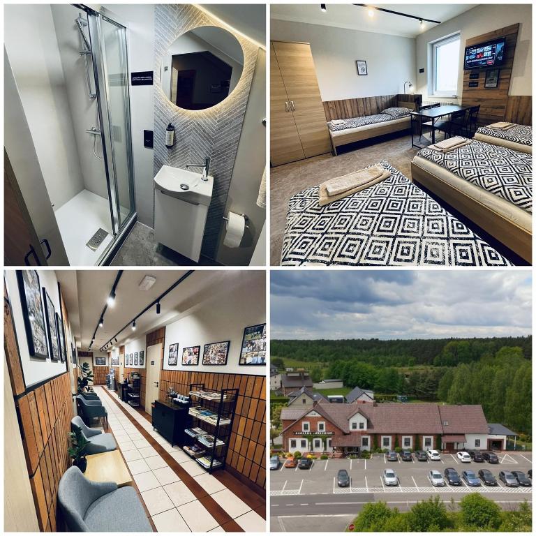 a collage of four pictures of a hotel room at KARCZMA-KOSZWICE in Koszwice