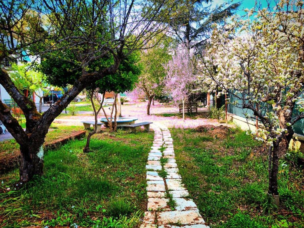 Ein Weg in einem Park mit einer Bank und Bäumen in der Unterkunft Narniandum Est Locazione Turistica in Narni