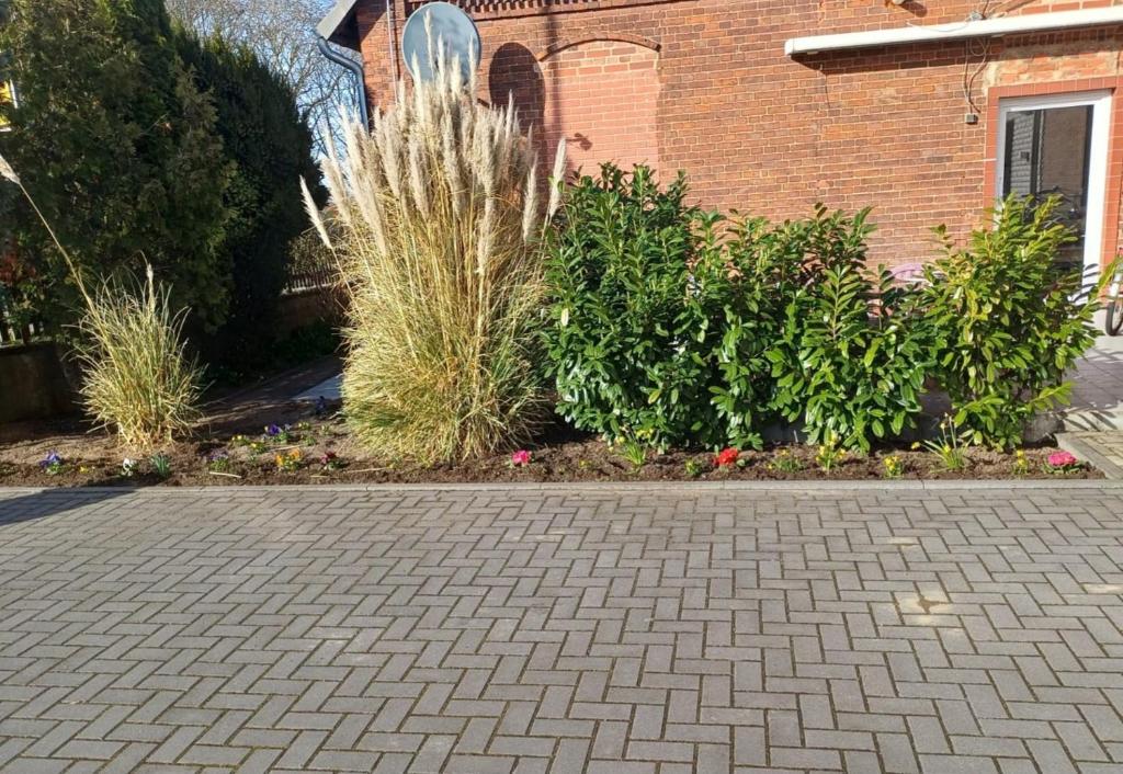 a brick driveway with plants in front of a building at Leinstraße Ferienwohnung Neustadt in Neustadt am Rübenberge