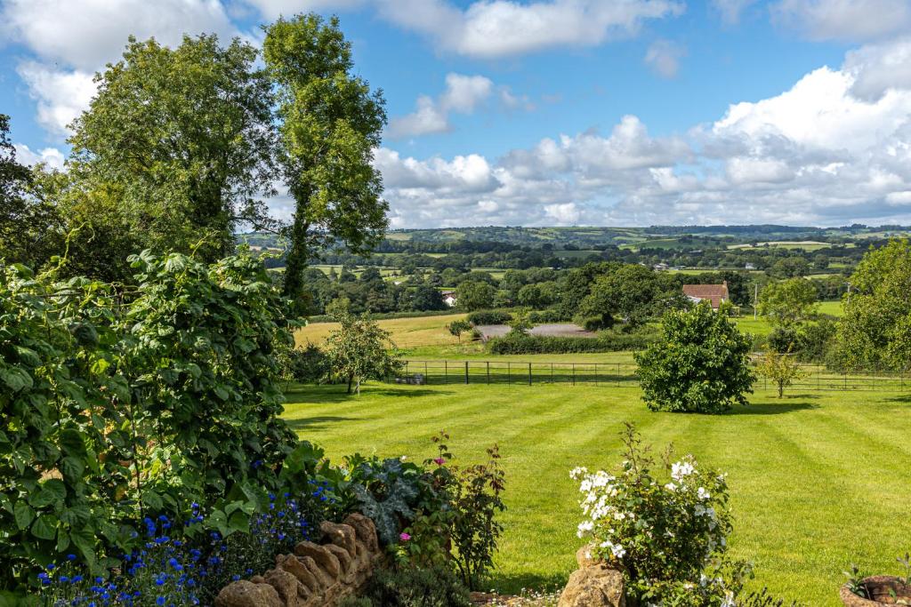 a view of a field with trees and flowers at Wooden Cabbage Barn in Dorchester