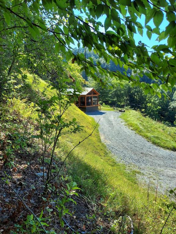a small cabin on a hill with a gravel road at Cedar Heights Tiny House Log Cabin in Bryson City