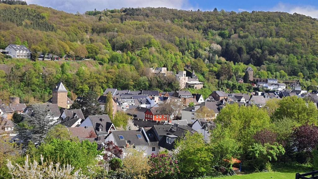 a town on a hill with houses and trees at Fewo Lieblingsblick, gemütlich & chic in Bad Münstereifel