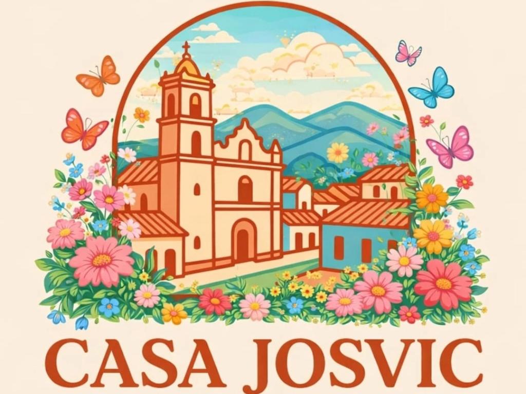 a drawing of a city with a church and butterflies at Casa Josvic in San Cristóbal de Las Casas