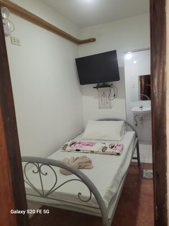 a small bedroom with a bed with a tv on the wall at Knights-Apple Inn in Mambajao