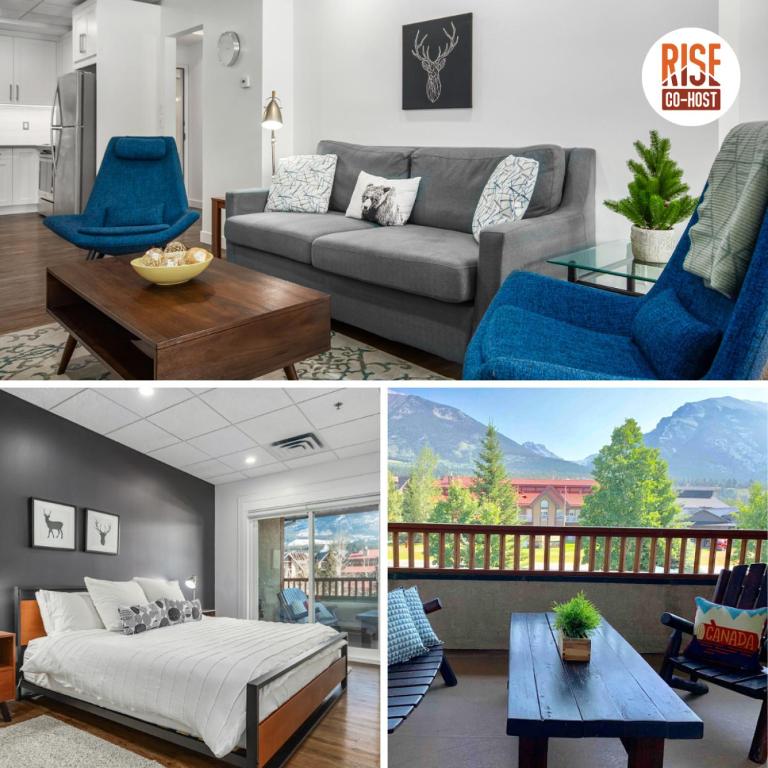 a living room with a couch and a table at Spacious 1 Bed with Mountain Views only steps from Downtown in Canmore