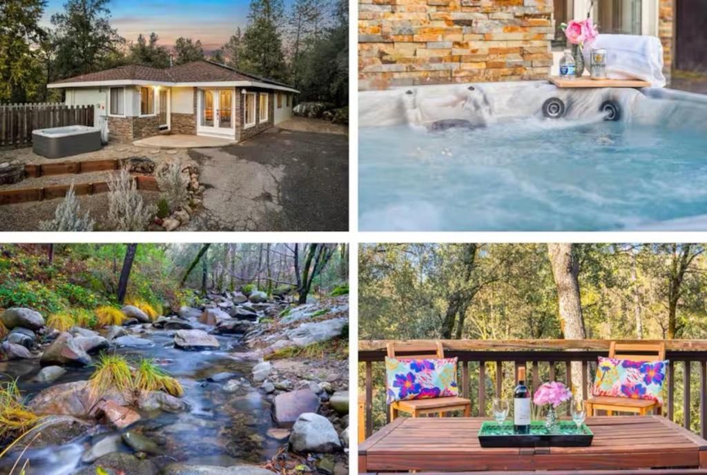 four pictures of a backyard with a swimming pool at Phoenix Lake Sonora in Sonora