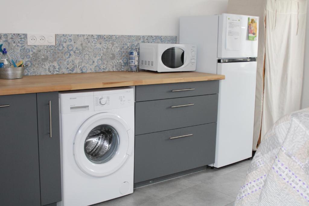 a kitchen with a washing machine and a microwave at Maison de Gilydie in Chabris