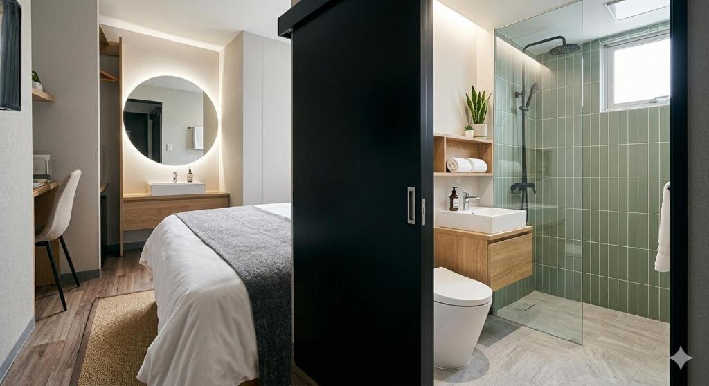 a bathroom with a bed and a toilet and a sink at Hotel Taj Vista by Navodyans Near Taj Mahal in Agra