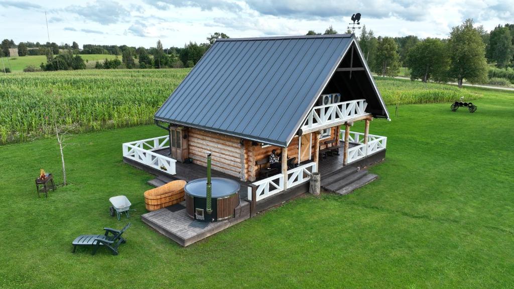 an overhead view of a log cabin with a grill at Vējkalni in Myza Dzirtsiyems