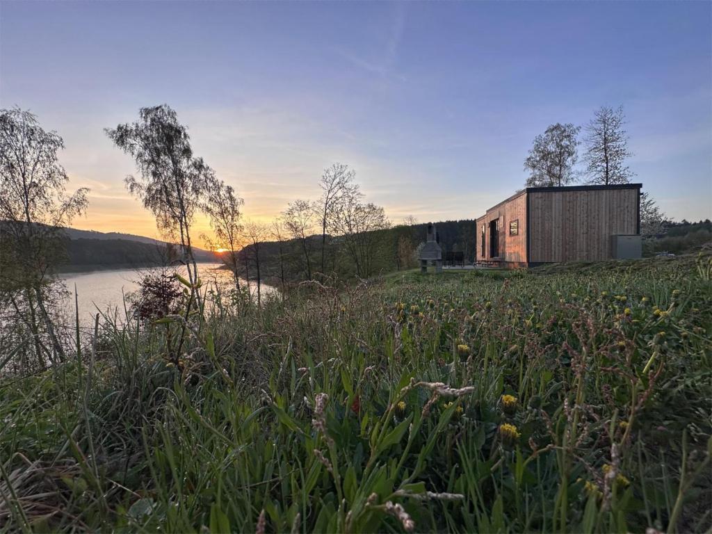 a building on a hill next to a body of water at Feriendorf Seeblick - Tiny Chalet Nr 8 in Neunburg vorm Wald