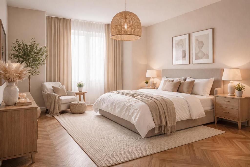 a bedroom with a large bed and a chair at Meto's house in Khimshi