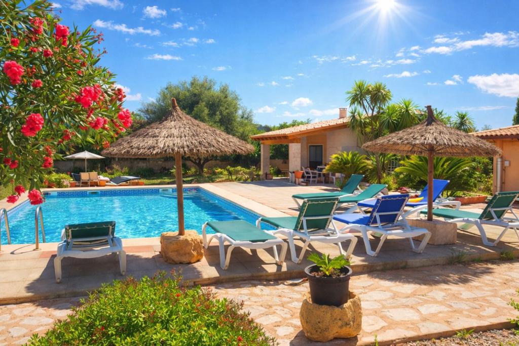 a villa with a swimming pool with chairs and umbrellas at 409 Villa Can Bril ETV1523 by Mallorca Charme in Campos