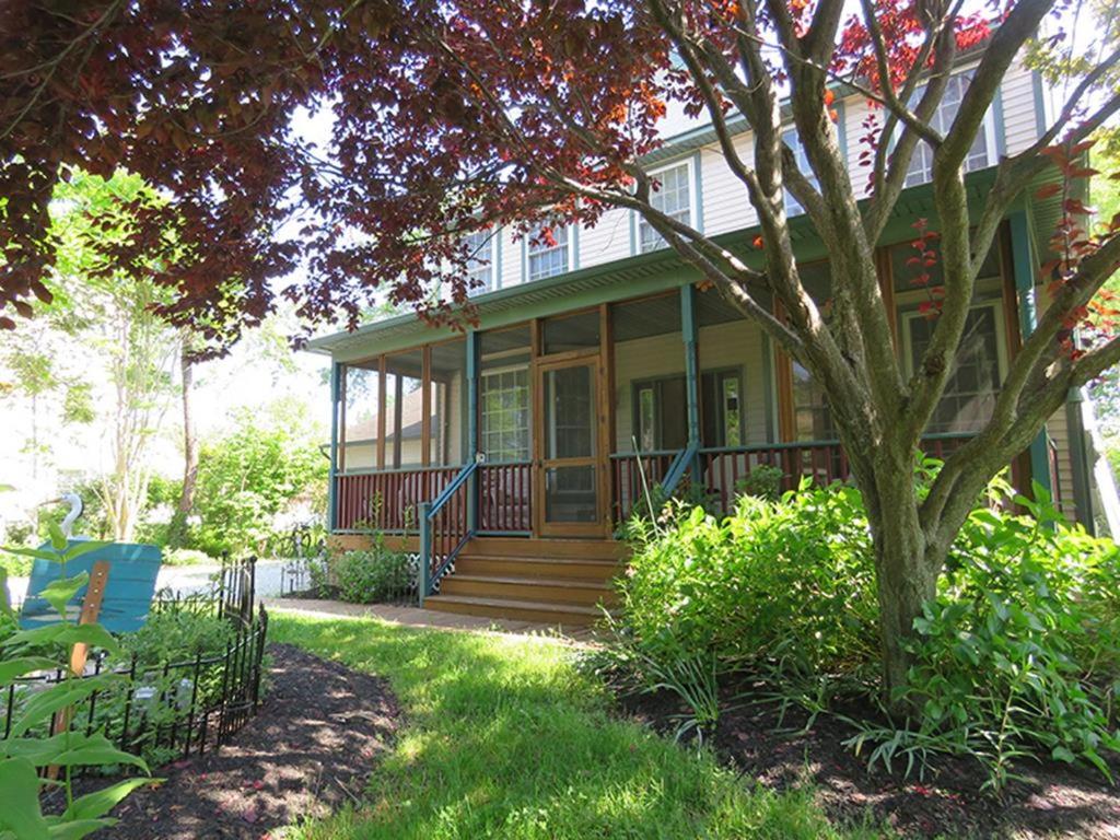 a yellow house with a porch and a tree at The Happy Heron in West Cape May
