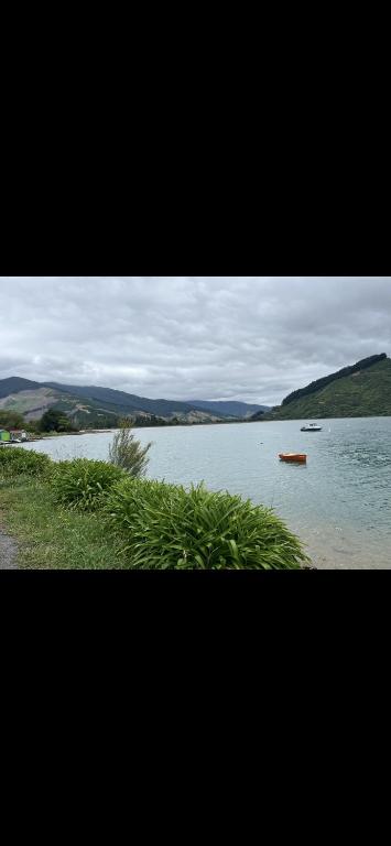 a view of a lake with a boat in the water at Queen Charlotte Bach in Linkwater