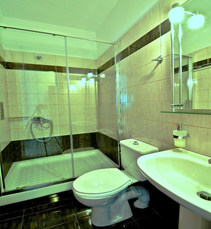 a bathroom with a toilet and a shower and a sink at Anna Maria - Vanessa Apartments in Neo Klima