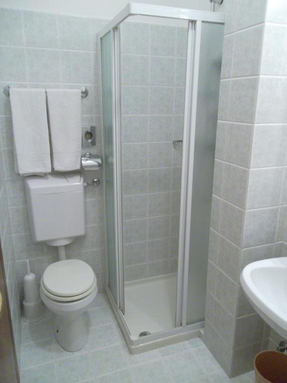 a bathroom with a shower with a toilet and a sink at Hotel Alla Dolina in Sistiana