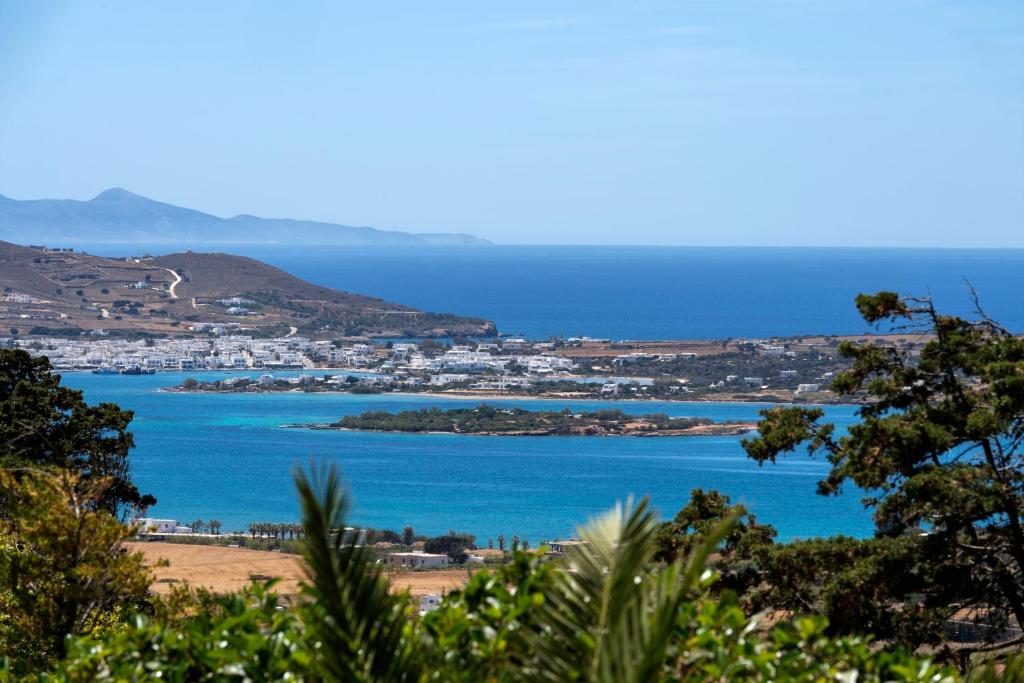 a view of a bay with houses and the ocean at Chrysalis Nature Villa 3 in Kampos Paros