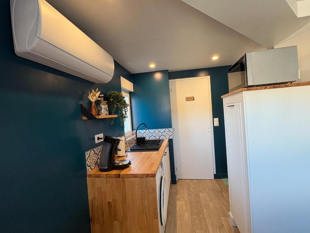 a kitchen with blue walls and a white refrigerator at Studio cosy avec balcon in Dunkerque