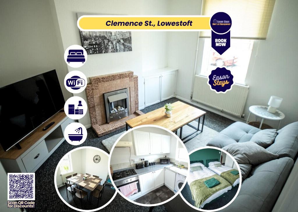 Living room with gray sofa, wooden coffee table, fireplace, TV, and three inset images of dining area, kitchen, and twin bedroom