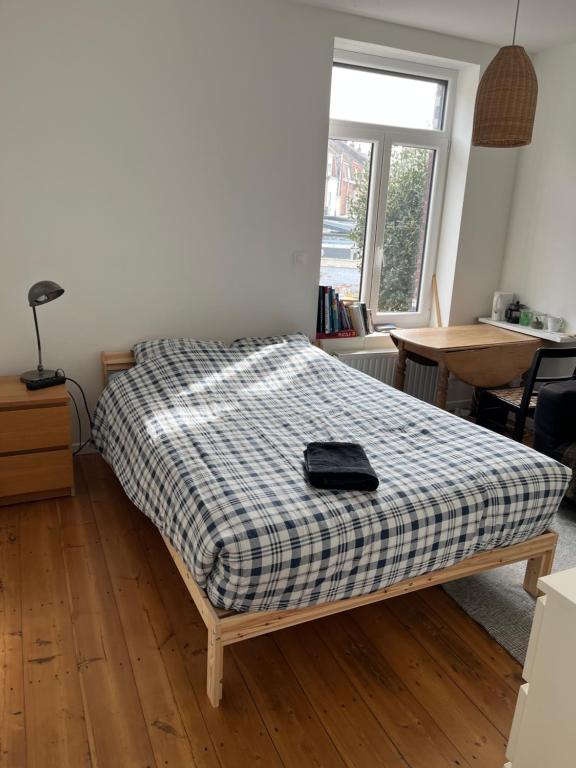 a bedroom with a bed with a plaid blanket on it at Petite chambre in La Madeleine