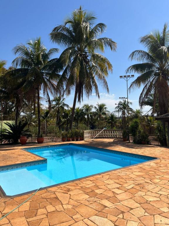a swimming pool with palm trees in the background at Chacara Vila Bella in Bebedouro