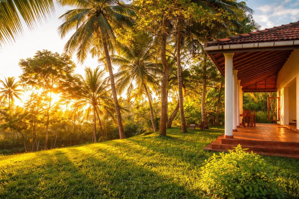 a porch of a house with palm trees at Bluewind Hotel in Tangalle