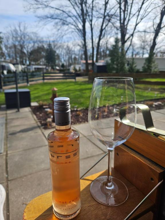 a bottle of alcohol and a wine glass on a table at Finnhaus 1 Strandbad Adria in Kleutsch